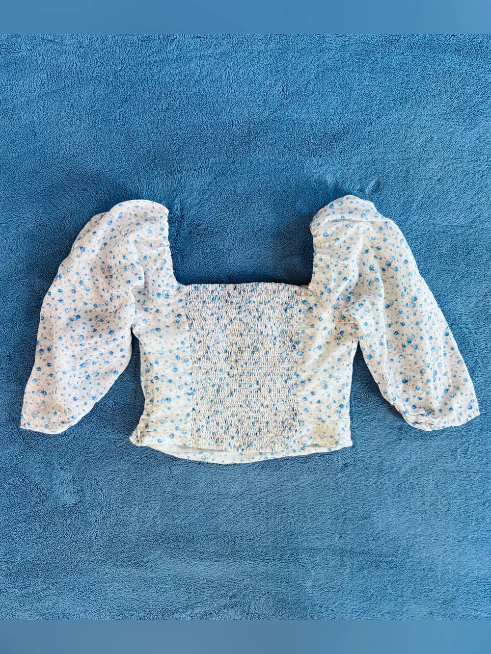 ASTR Cropped Floral Blouse, Puffed 3/4 Ruched Sleeves & Smocked Back, Size S